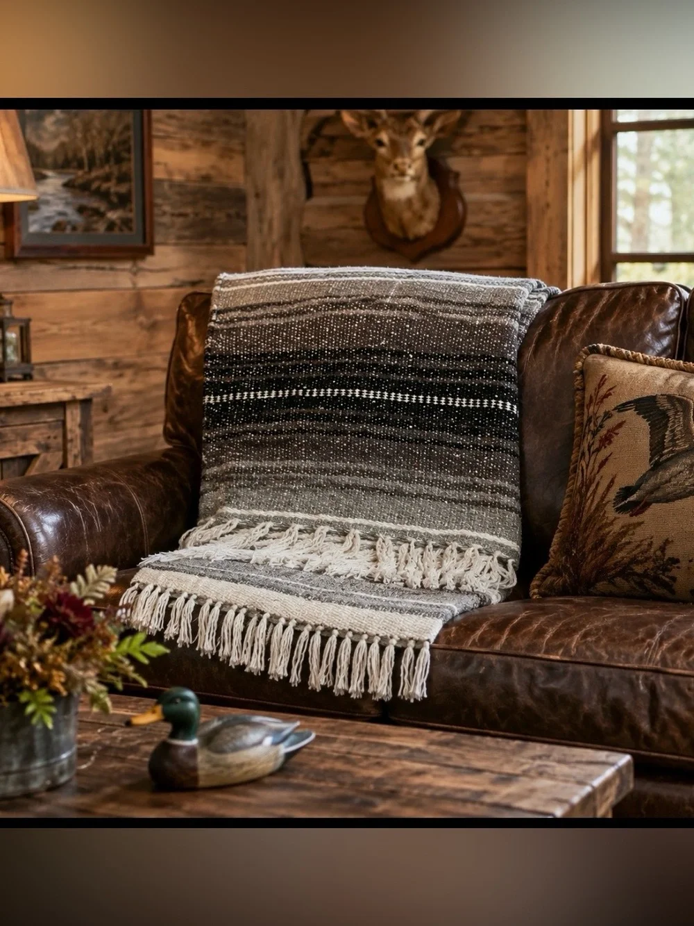 SOUTHWESTERN  Woven Falsa Throw blanket Fringes,black,grey,Warm white 48x74”L
